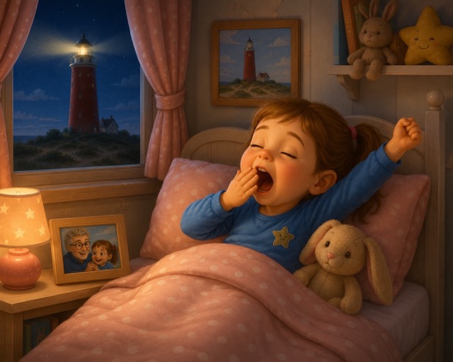 Lena en opa lopen terug bij zonsondergang, de vuurtoren zwaait