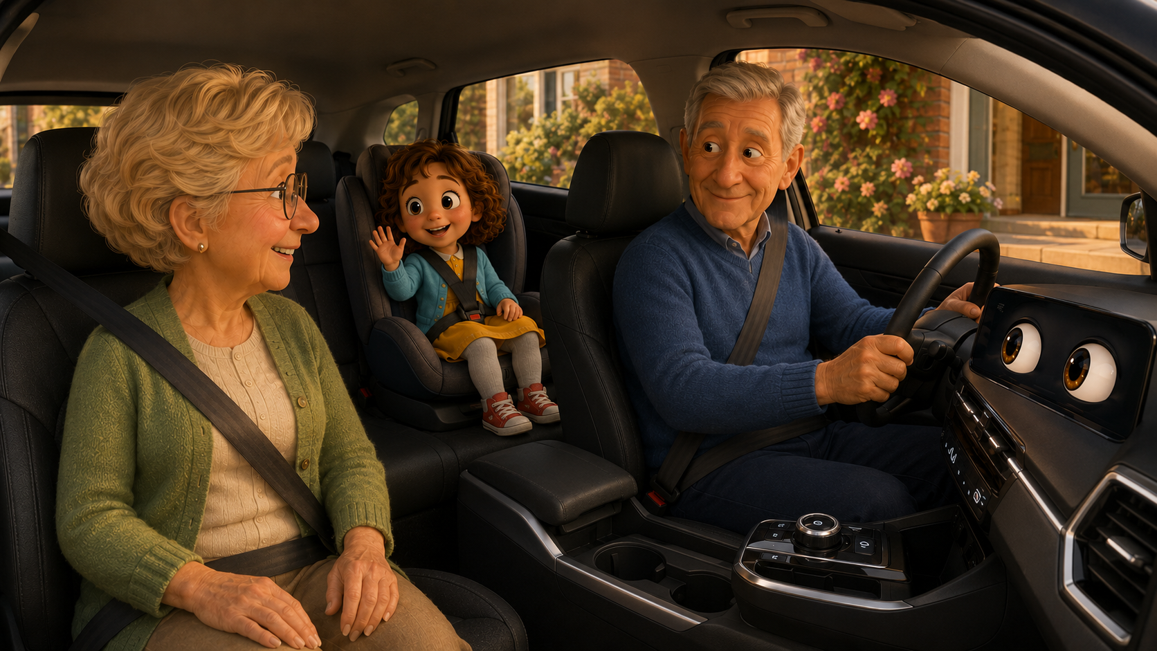 Tessa zit vastgegespt in haar stoeltje, opa en oma voorin, Robert's ogen op het dashboard